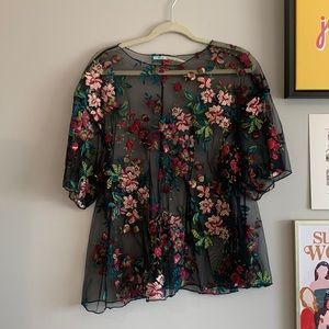 Urban Outfitters Kimchi Blue Sheer Floral Embroidered Blouse